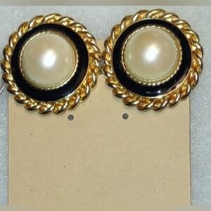 Clip-on Gold Earrings w/Black Enamel & Pearls